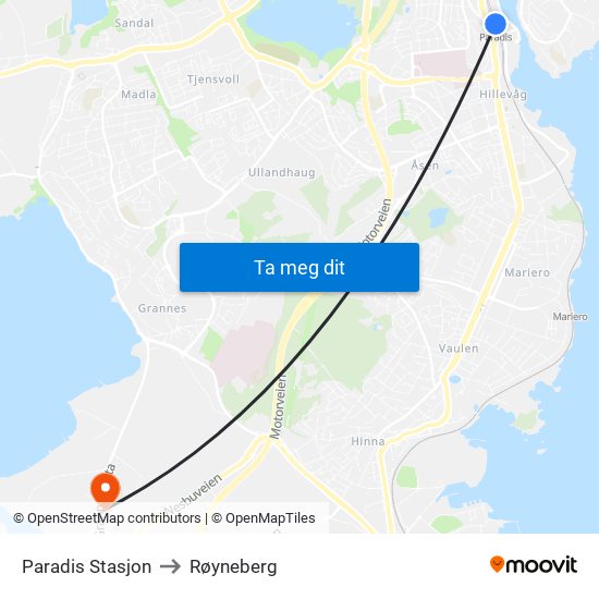 Paradis Stasjon to Røyneberg map