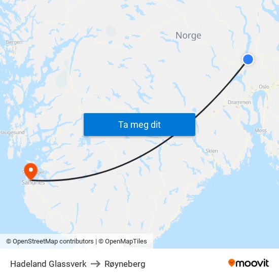Hadeland Glassverk to Røyneberg map