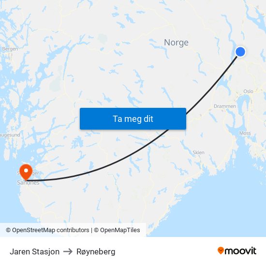 Jaren Stasjon to Røyneberg map