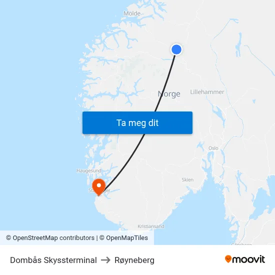 Dombås Skyssterminal to Røyneberg map