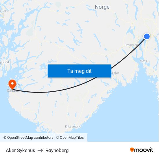 Aker Sykehus to Røyneberg map