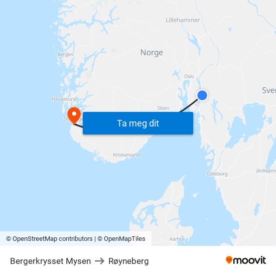 Bergerkrysset Mysen to Røyneberg map