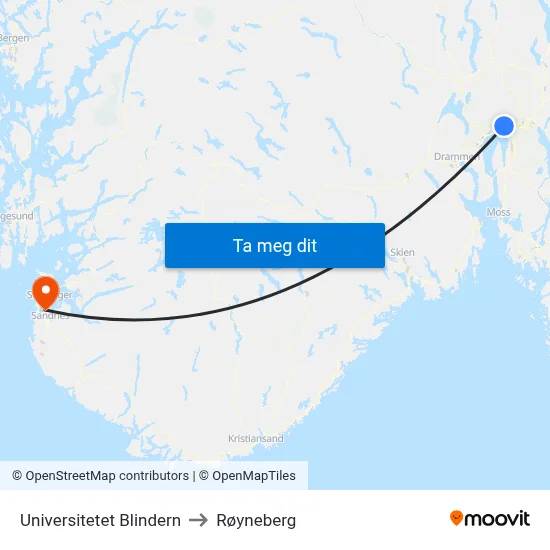 Universitetet Blindern to Røyneberg map