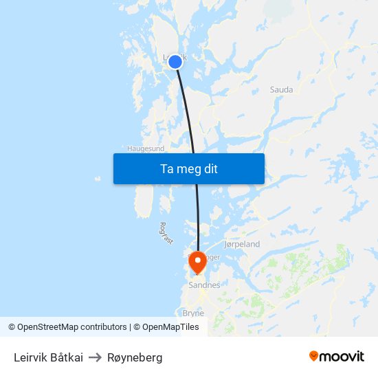 Leirvik Båtkai to Røyneberg map