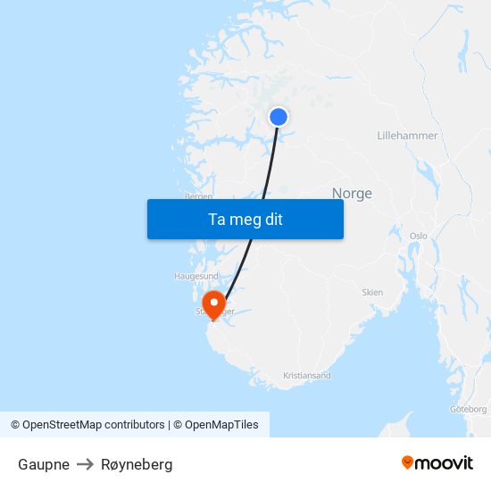 Gaupne to Røyneberg map