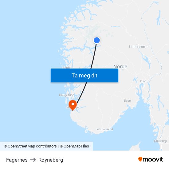 Fagernes to Røyneberg map
