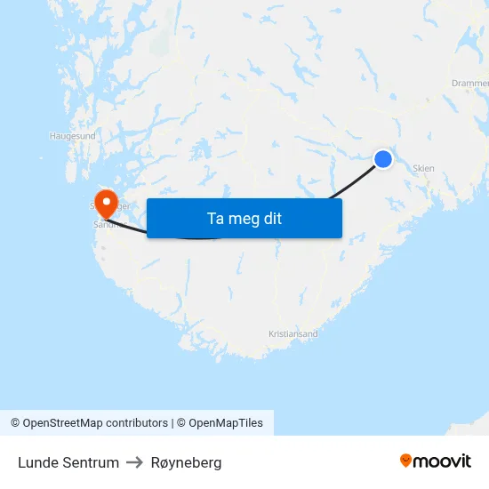 Lunde Sentrum to Røyneberg map
