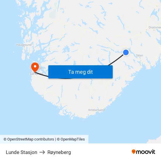 Lunde Stasjon to Røyneberg map