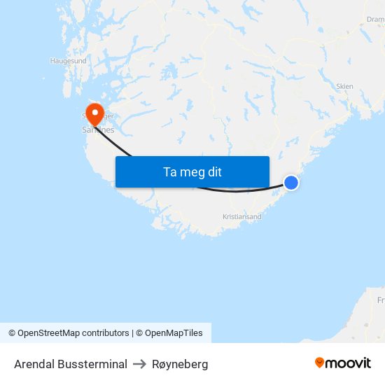 Arendal Bussterminal to Røyneberg map