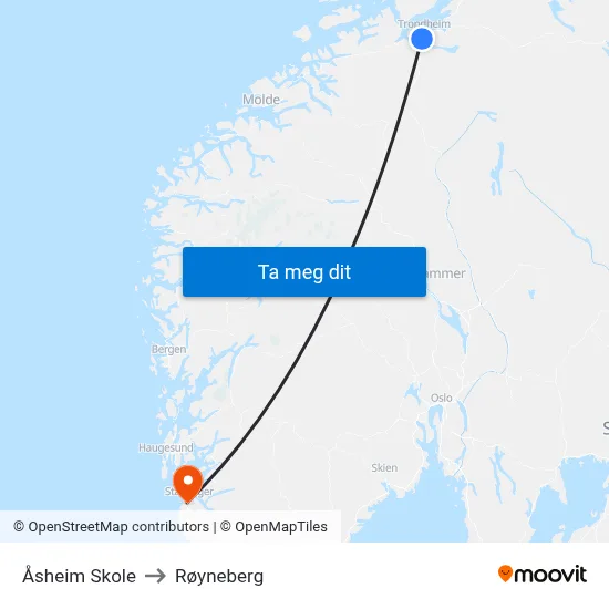 Åsheim Skole to Røyneberg map