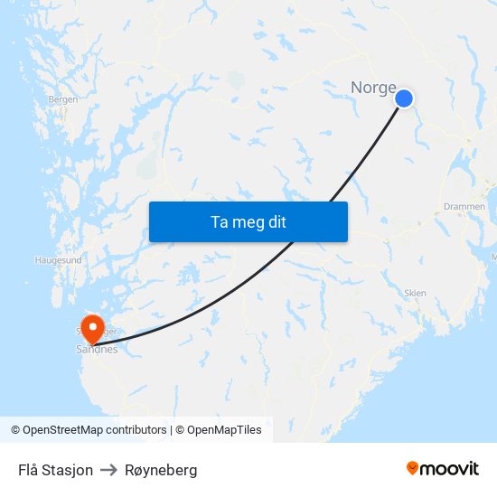 Flå Stasjon to Røyneberg map