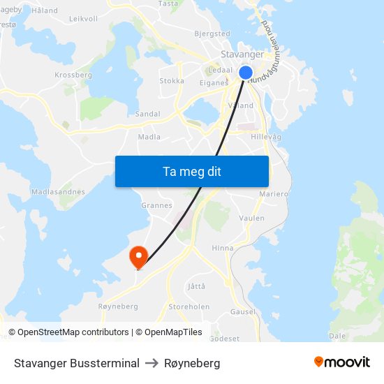 Stavanger Bussterminal to Røyneberg map