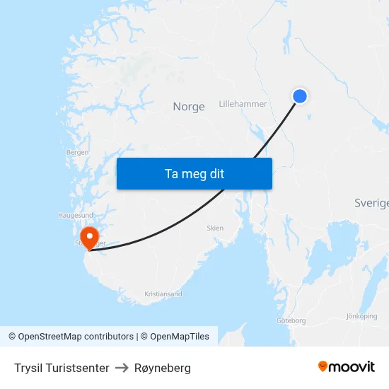 Trysil Turistsenter to Røyneberg map