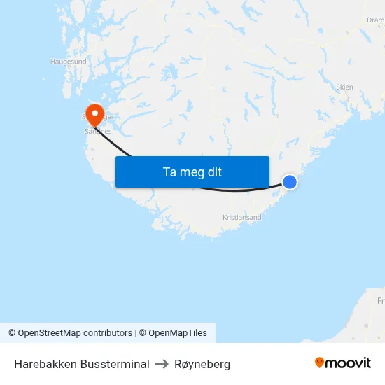 Harebakken Bussterminal to Røyneberg map