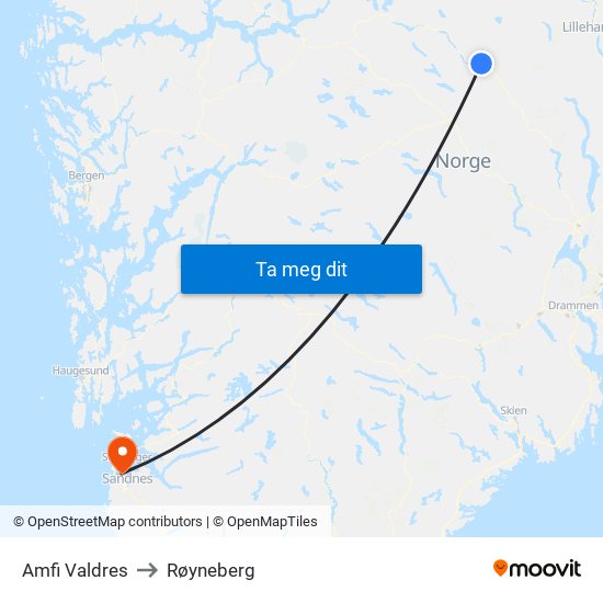 Amfi Valdres to Røyneberg map