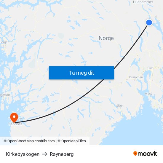 Kirkebyskogen to Røyneberg map