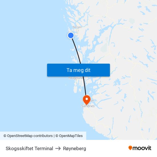 Skogsskiftet Terminal to Røyneberg map