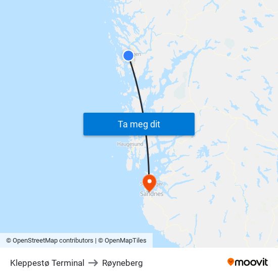 Kleppestø Terminal to Røyneberg map