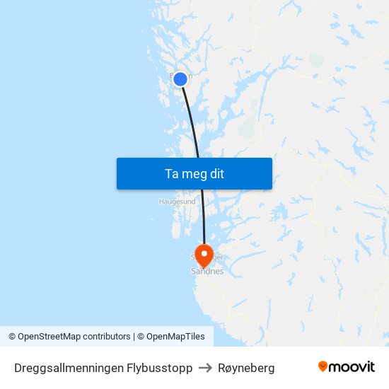 Dreggsallmenningen Flybusstopp to Røyneberg map