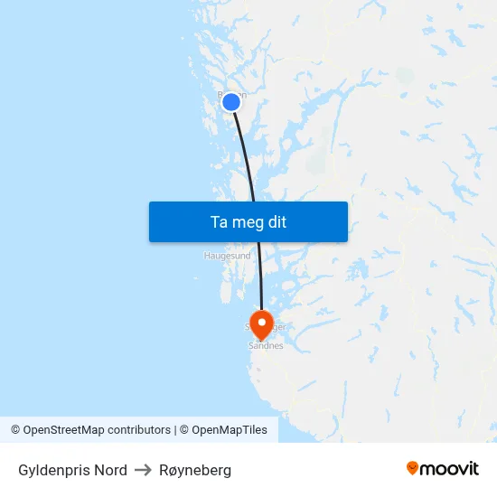 Gyldenpris Nord to Røyneberg map