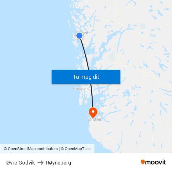 Øvre Godvik to Røyneberg map