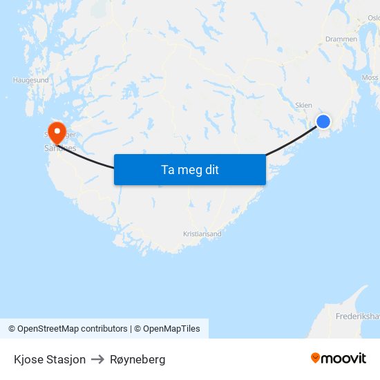 Kjose Stasjon to Røyneberg map