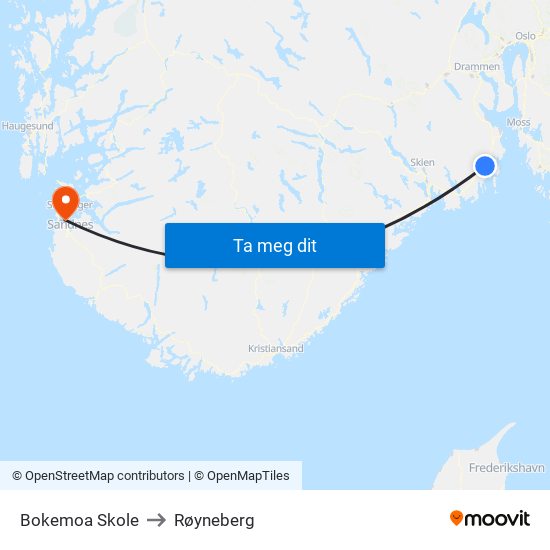 Bokemoa Skole to Røyneberg map