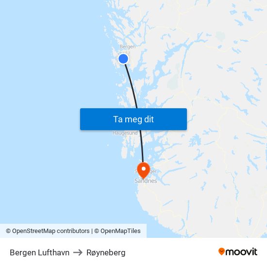 Bergen Lufthavn to Røyneberg map
