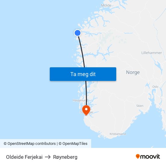 Oldeide Ferjekai to Røyneberg map