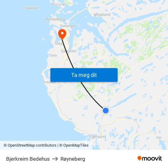 Bjerkreim Bedehus to Røyneberg map