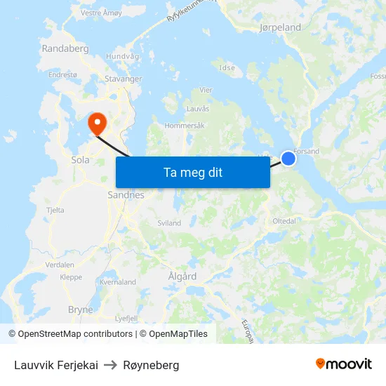 Lauvvik Ferjekai to Røyneberg map