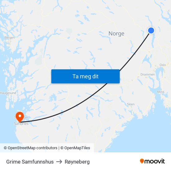 Grime Samfunnshus to Røyneberg map