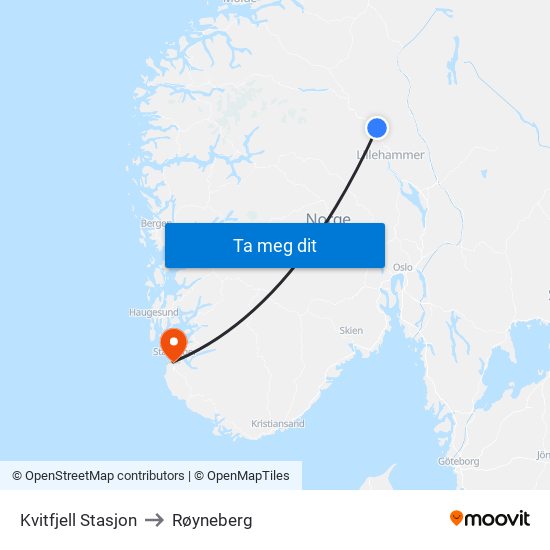 Kvitfjell Stasjon to Røyneberg map