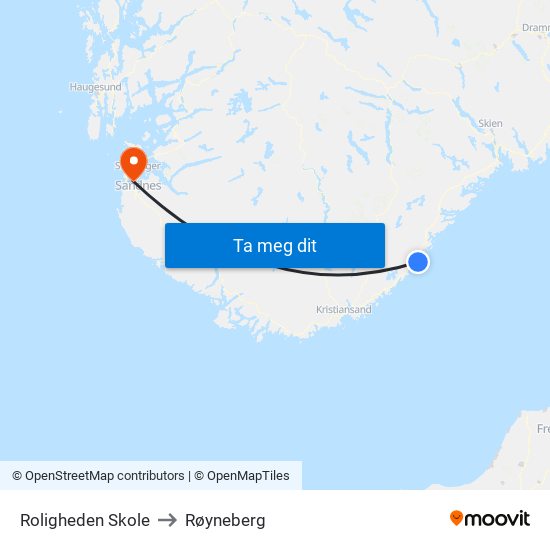 Roligheden Skole to Røyneberg map