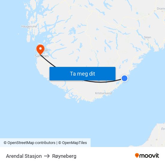 Arendal Stasjon to Røyneberg map