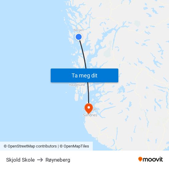 Skjold Skole to Røyneberg map