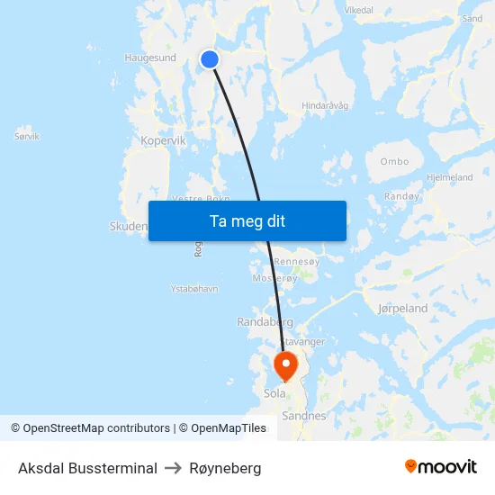 Aksdal Bussterminal to Røyneberg map
