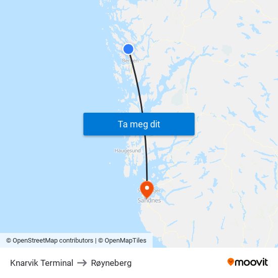 Knarvik Terminal to Røyneberg map