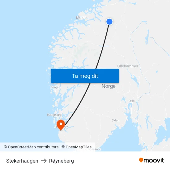 Stekerhaugen to Røyneberg map