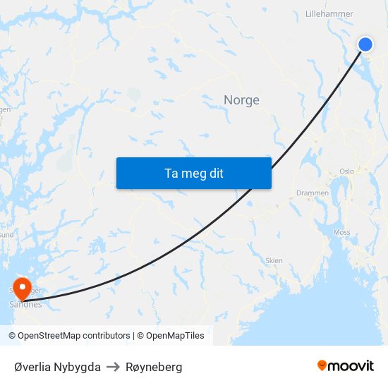 Øverlia Nybygda to Røyneberg map
