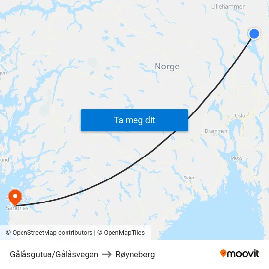Gålåsgutua/Gålåsvegen to Røyneberg map