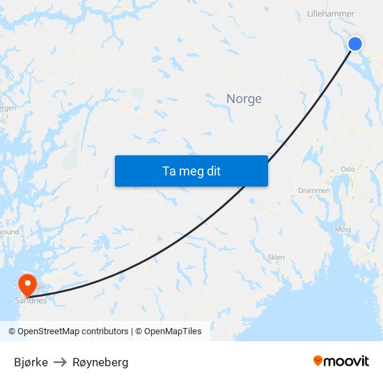 Bjørke to Røyneberg map