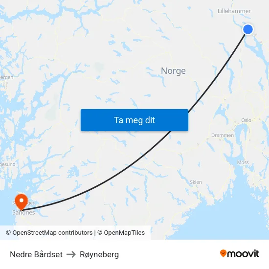 Nedre Bårdset to Røyneberg map