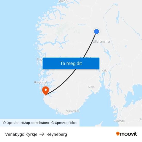Venabygd Kyrkje to Røyneberg map