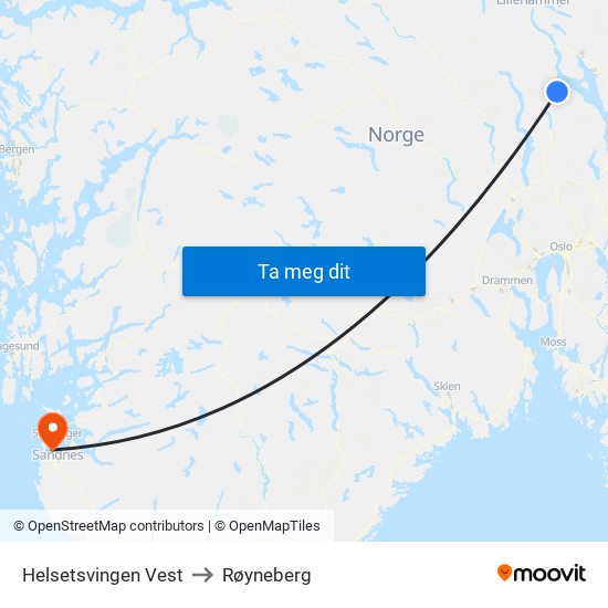 Helsetsvingen Vest to Røyneberg map