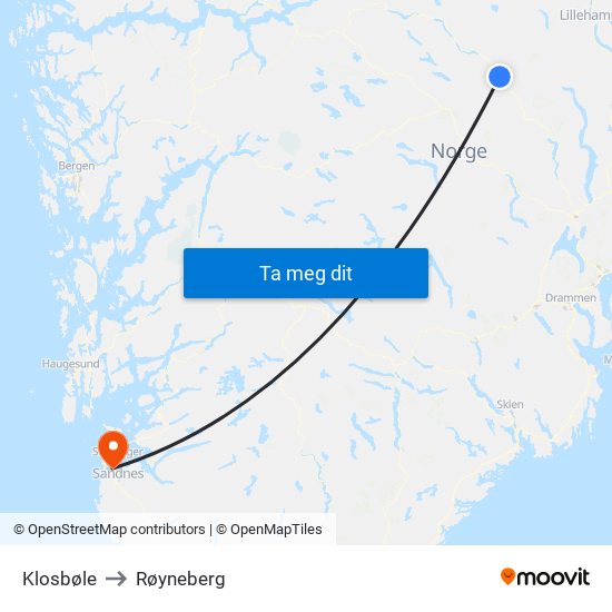 Klosbøle to Røyneberg map