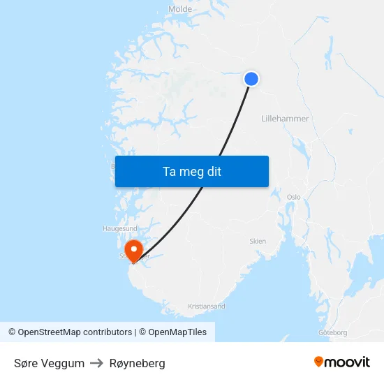 Søre Veggum to Røyneberg map