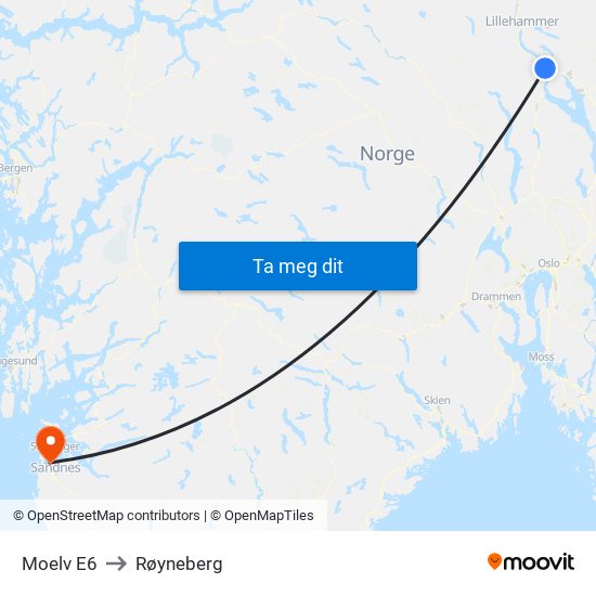 Moelv E6 to Røyneberg map