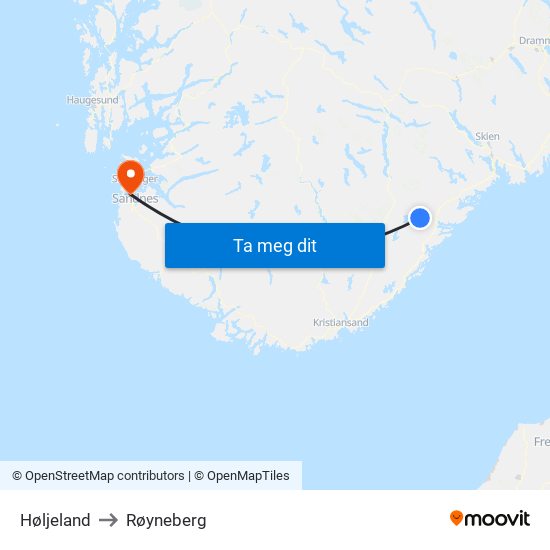 Høljeland to Røyneberg map