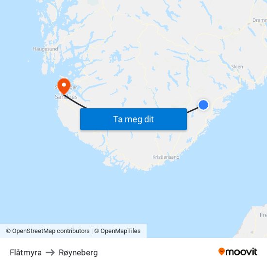 Flåtmyra to Røyneberg map